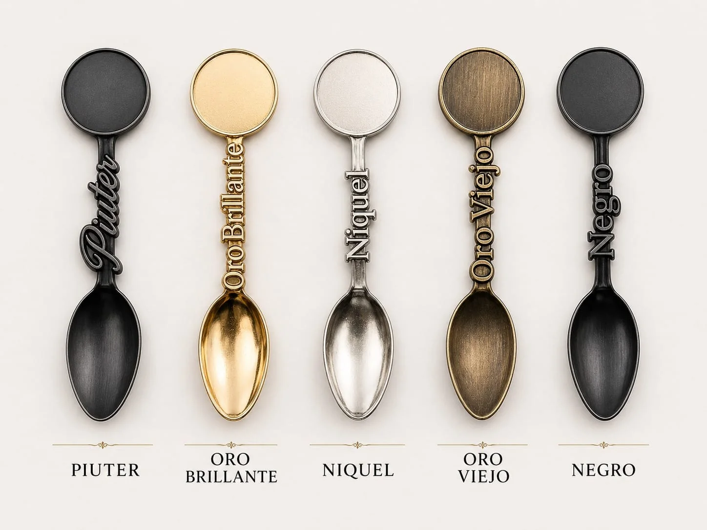 Muestra de acabados metálicos piuter oro brillante níquel oro viejo y negro