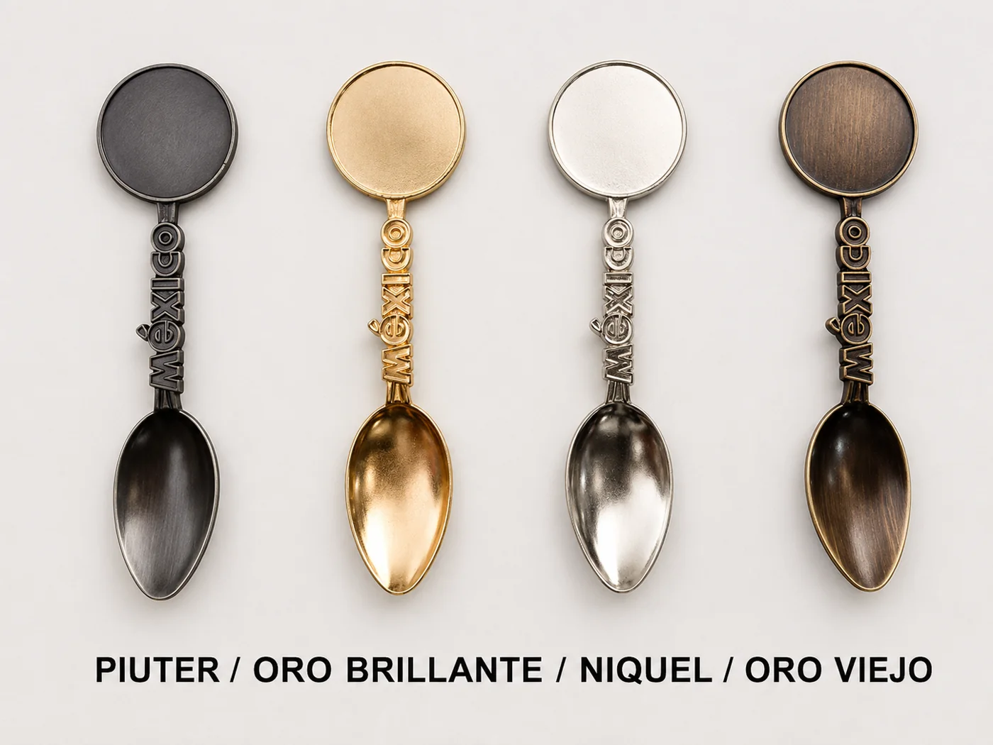 Muestra de acabados metálicos piuter oro brillante níquel y oro viejo