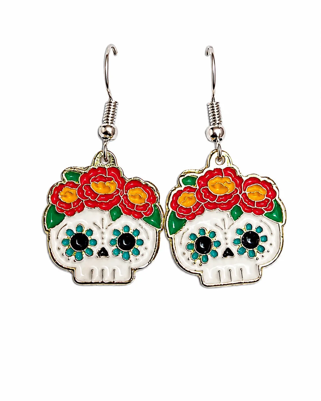 Aretes metálicos personalizados de calavera con flores y esmalte de color