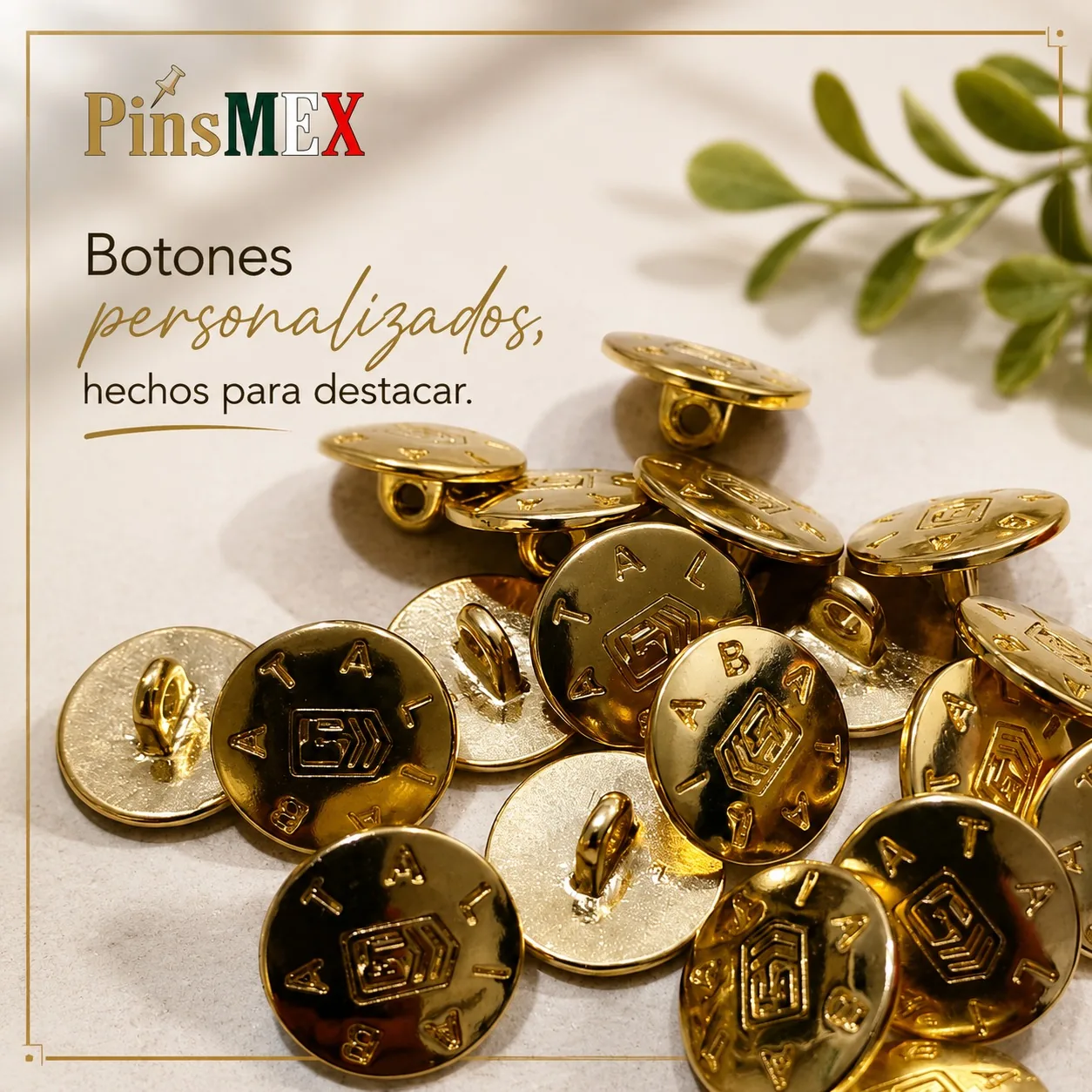 Botones personalizados dorados para marca con acabado metálico